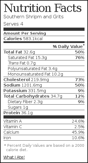 Nutrition label for Southern Shripm and Grits